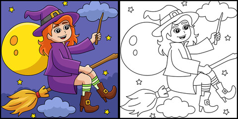 Fototapeta na wymiar Witch Girl On A Broomstick Coloring Illustration