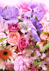Gentle beautiful floral bouquet in pink colors close up, abstract blurred background.  romantic floral festive image. full frame. close up. template for design