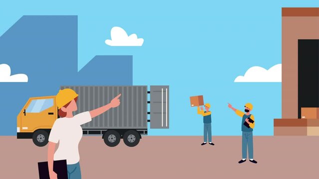 logistic service workers with warehouse and truck