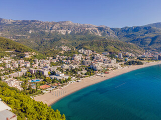 Aerophotography. View from flying drone. Panoramic cityscape of Budva, Montenegro. Top View. Beautiful destinations
