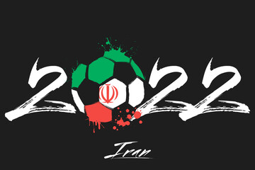 Numbers 2022 and a abstract soccer ball painted in the colors of the Iran flag. 2022 and flag of Iran in the form of a soccer ball made of blots. Vector illustration on isolated background