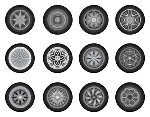 Set of car wheels. Summer or winter tires for driving in different weather conditions. Wheel disk icon isolated on white background. Automobile rims design
