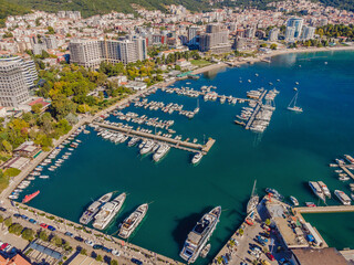 Fototapeta na wymiar Old town in Budva in a beautiful summer day, Montenegro. Aerial image. Top view