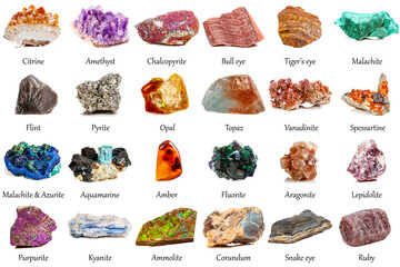 beautiful collection of geological minerals on a white background