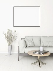 Harmonic living room with blank horizontal frame mockup with ornamental plant, modern sofa and decorated table. 3d rendering, interior design, 3d illustration