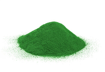 Pile of green matcha tea powder on white background, ecological product from nature for healthy in traditional style