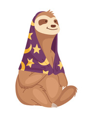 Sloth character with cape on shoulders. Cute cartoon sloth-bear character. Funny lazy animal, hand drawn clip art illustration. Jungle rainforest sloth. Tropical mammal or adorable sloth