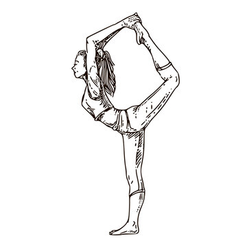 Yoda pose. Youing woman training. Sketch. Engraving style. Vector illustration.