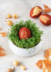 Easter egg with pattern leaves in a traditional rustic style in cress nest. Homemade food and...