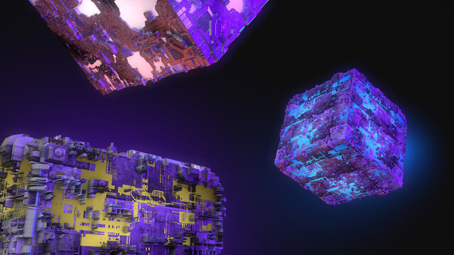 Metalic and technology cubes. Concept of science and sci-fi. 3d rendering. Computer digital drawing.