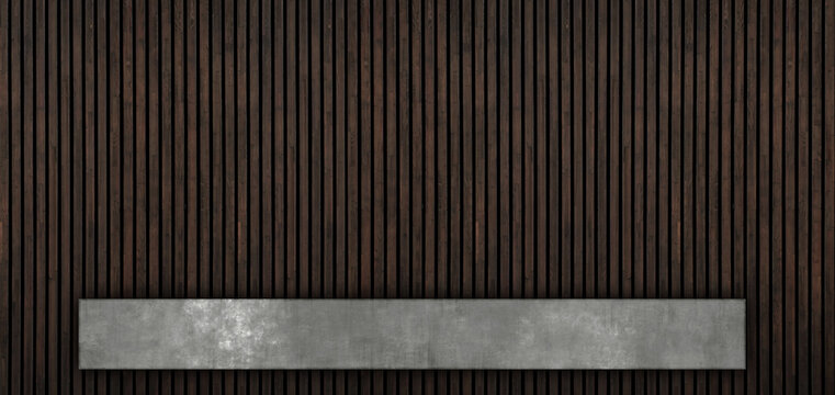 A Wall Of Old Oiled Natural Narrow Wooden Boards In Style Of Lamellas With Bottom Rectangle Concrete Block Good As Presentation Template
