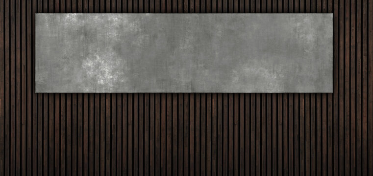 A Wall Of Old Oiled Natural Narrow Wooden Boards In Style Of Lamellas With Central Top Concrete Block Good As Presentation Template
