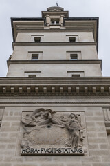 Architectural details of old buildings in Paris: The Criminal Court of Paris (Tribunal Correctionnel) at 14 Quai Goldsmiths. Paris. France.