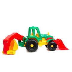 colorful children's tractor toy on a white background