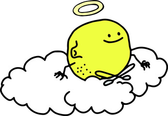 A cute little lemon in the form of an angel sits on a cloud in a good mood.