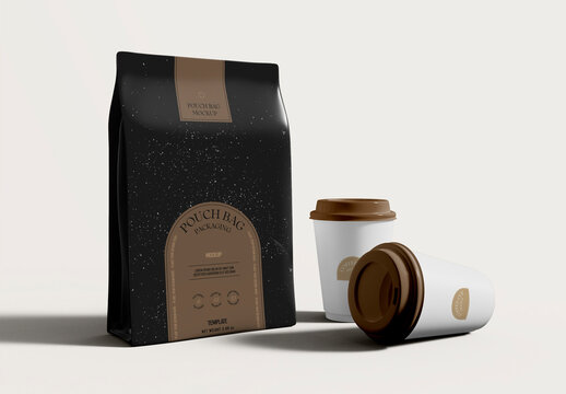 Coffee Pouch with Paper Cups Mockup