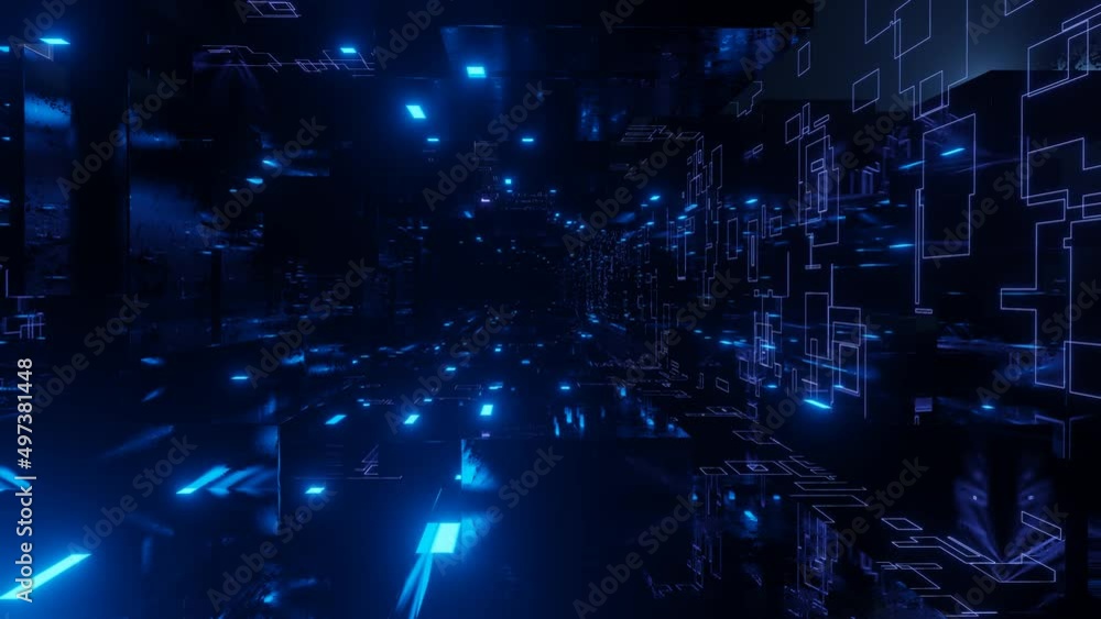 Poster glow line form pattern like sci-fi hologram. fly through technology cyberspace with blue neon glow. 