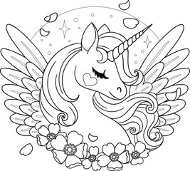 
Mythological pegasus with flowers. Vector outline isolated