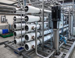 Modern water filtration and automatic treatment of water system in brewery factory.