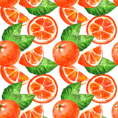 Seamless watercolor illustration of orange and citrus slices and leaves on a white background wallpaper, wrapping paper.