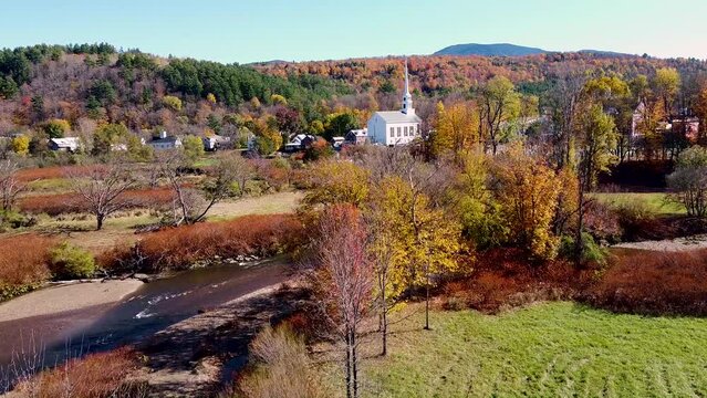 Aerial view of the Church in Stowe Vermont during autumn