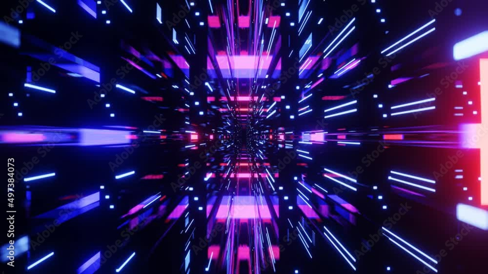 Poster fly through mirror designs form tunnel technology cyberspace with neon glow. sci-fi flight through d