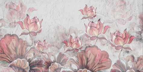 
large art painted water lilies and leaves on a textural background textural photo wallpaper in the interior - obrazy, fototapety, plakaty