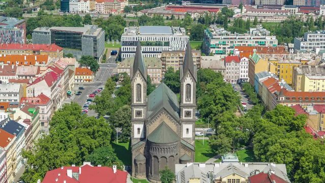 Landscape of church of Saints Cyril and Methodius timelapse in Prague, Czech republic