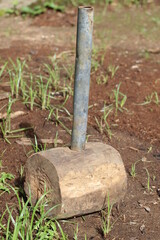 Fototapeta premium Used hammer made of wood lying on the grass, Antique wooden hammer.