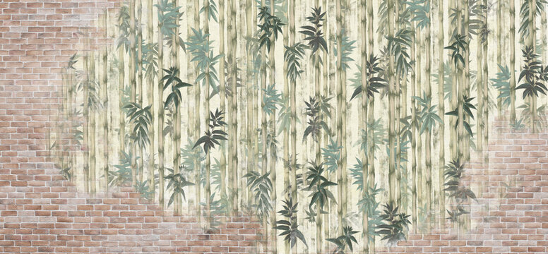 
art drawn bamboo with leaves on a texture background behind a brick texture wall photo wallpaper in the interior