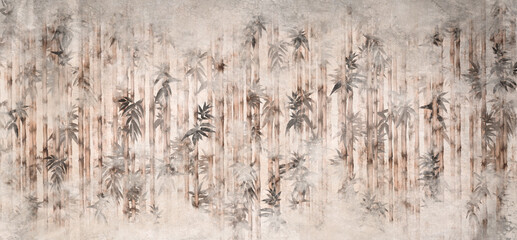 
tropical plants with bamboo leaves on a textured rubbed background by kayami photo wallpaper in the interior - obrazy, fototapety, plakaty