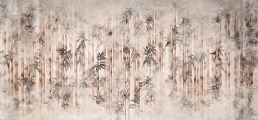 Foto op Plexiglas  tropical plants with bamboo leaves on a textured rubbed background by kayami photo wallpaper in the interior © Viktorious_Art
