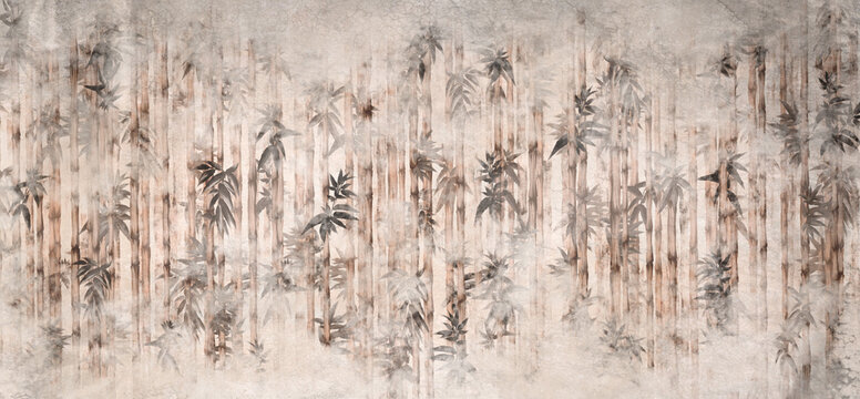  tropical plants with bamboo leaves on a textured rubbed background by kayami photo wallpaper in the interior © Viktorious_Art