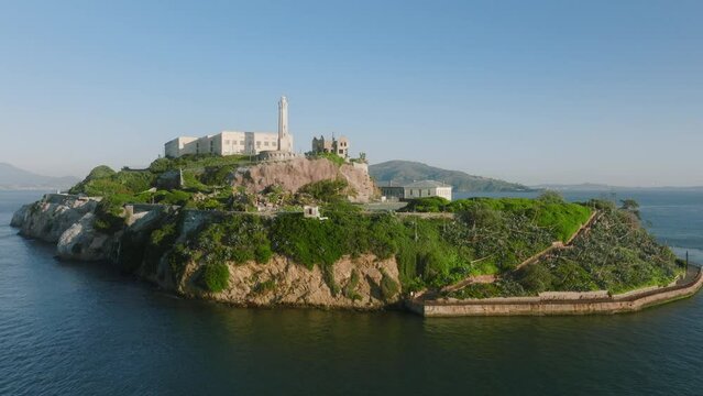 Drone footage of small fortified island with former federal penitentiary