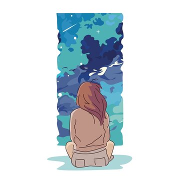 	
vector illustration of girl sitting and looking at the sky from the window	
