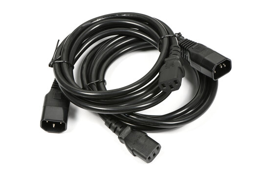 Black wire C13 female and C14 male connector power plug, isolated on white.
