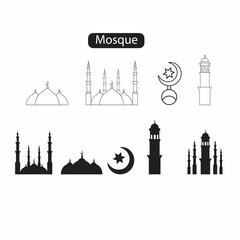 A set of mosque line icons and silhouettes. 