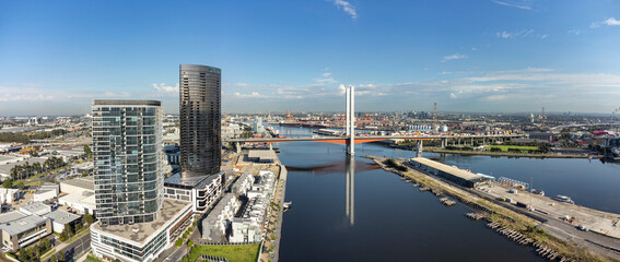 Aerial panoramic view of Melbourne docklands and the Bolte Bridge
