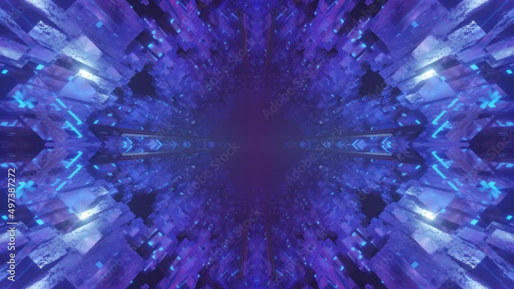 Aufkleber fly through symmetrical technology cyberspace with neon glow. sci-fi flight through hi-tech technolo