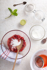 The process of making strawberry jam in the home kitchen, top view