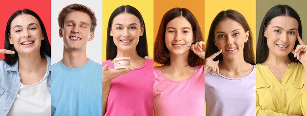 Many happy people with dental braces on colorful background