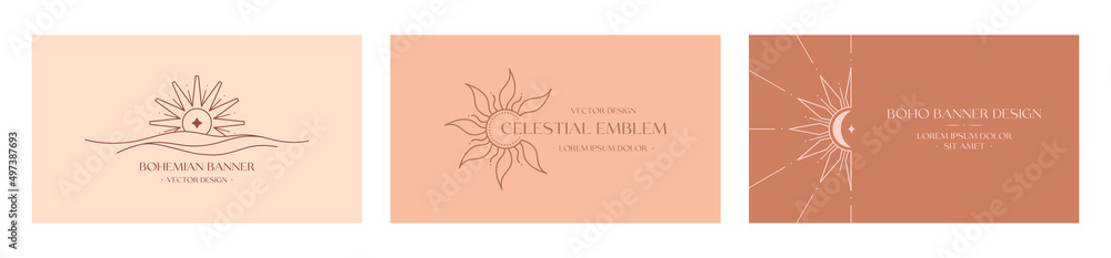 Wall mural vector linear boho emblems.bohemian logo designs with sea,crescent moon,star,sun and sunburst.modern