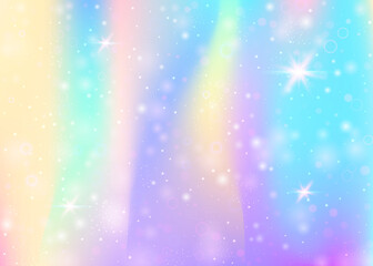 Holographic background with rainbow mesh. Girlish universe banner in princess colors. Fantasy gradient backdrop with hologram. Holographic unicorn background with fairy sparkles, stars and blurs.