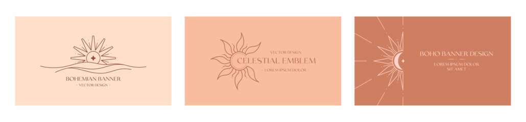 Vector linear boho emblems.Bohemian logo designs with sea,crescent moon,star,sun and sunburst.Modern celestial icons or symbols in trendy minimalist style.Branding design,website banner templates. © Xenia Artwork 