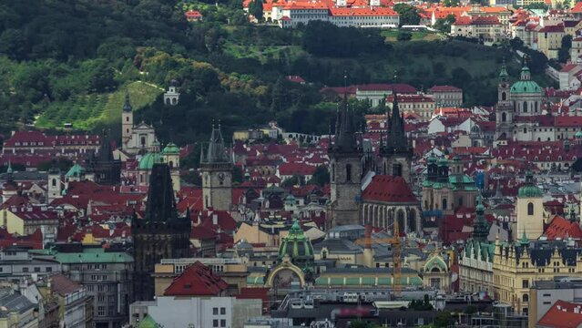 Panoramic view of Prague timelapse from the top of the Vitkov Memorial, Czech Republic