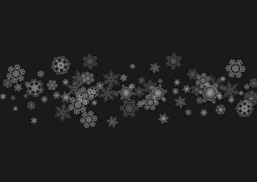 Silver snowflakes frame on black background. Horizontal shiny Christmas and New Year frame for gift certificate, ads, banners, flyers. Falling snow with glitter silver snowflakes for party invite