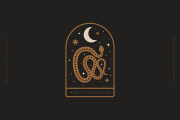 Logo template with a magic snake, stars, and crescent on isolated black background. Emblem for mystical stores, postcards, posters. Vector illustration.