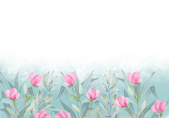 Pale leaves and flowers- botanical design banner. Floral pastel watercolor border frame