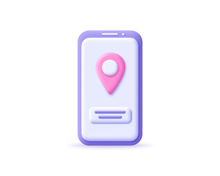 3d Smart Phone Icon With Locator Pin Of Map. Render Mobile With Location Mark Or Navigation Sign. Concept Of Geo Location And Travel Guide. 3d Cellphone Realistic Vector Illustration