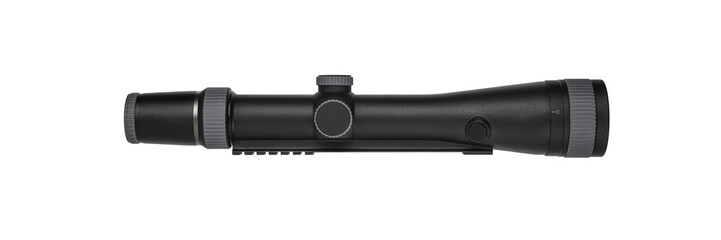 Modern sniper scope on a white back. Optical device for aiming and shooting at long distances.